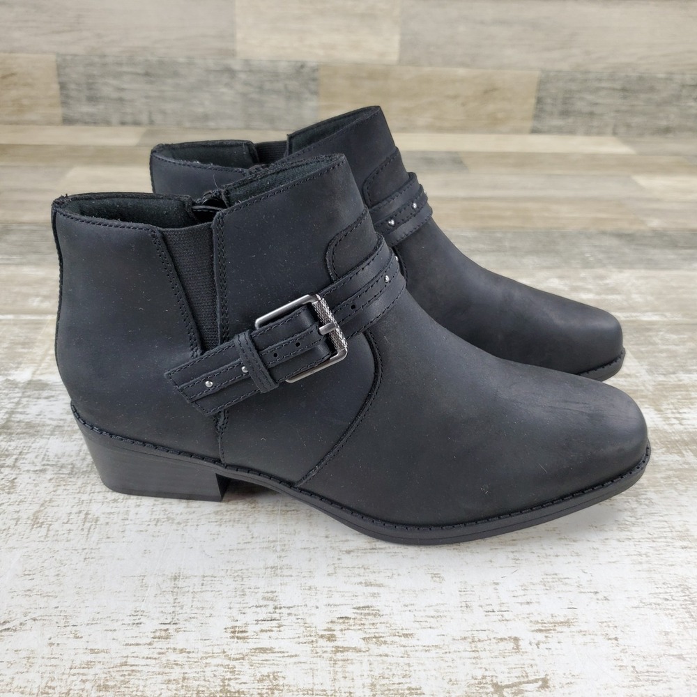 Clarks Danyelle Wish Womens Ankle Boot Sz 8 Black Side Zip Block Heel Square Toe